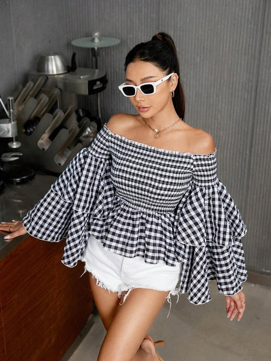 CM-TS819150 Women Trendy Bohemian Style Plaid Printed One Shoulder Ruffle Hem Shirt