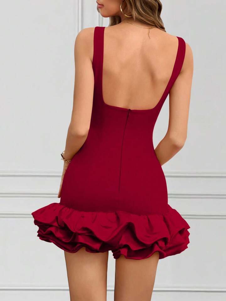 CM-DS314869 Women Elegant Seoul Style Round Neck Sleeveless Ruffle Hem Short A-Line Dress - Burgundy