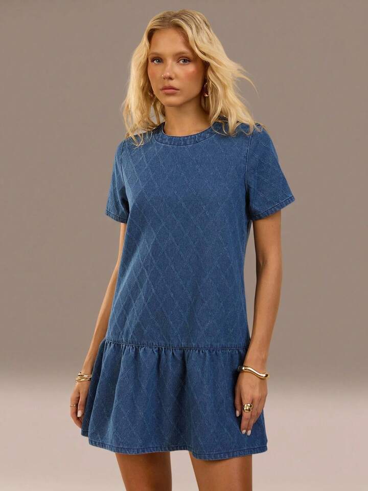 CM-DS159185 Women Casual Seoul Style Dark Wash Round Neck Short Sleeve Denim Mini Dress