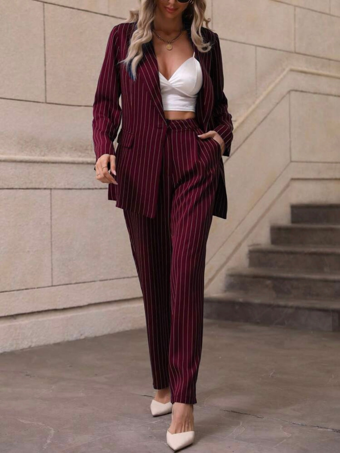 CM-SS510070 Women Elegant Seoul Style Striped Front Button Long Sleeve Blazer With Long Pants - Set