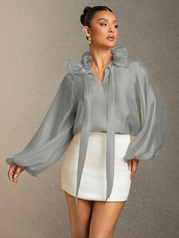 CM-TS726254 Women Elegant Seoul Style Solid Color Ruffle Trim Tie Neck Lantern Sleeve Blouse - Silver