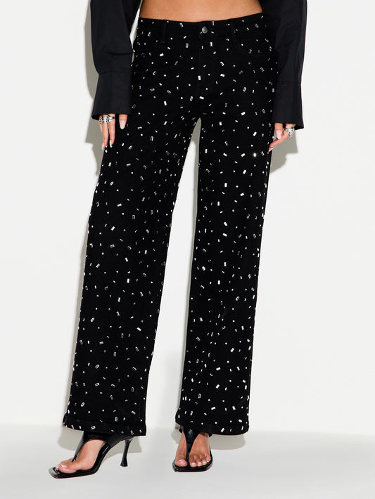 CM-BS094500 Women Elegant Seoul Style All-Over Mirror Embellishments Rhinestone Embroidery Velvet Wide Leg Denim Pants