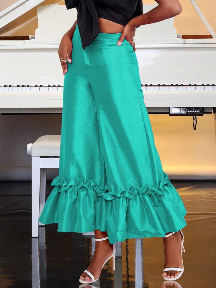 CM-BS112010 Women Elegant Seoul Style Bell Bottom Ruffle Trim Wide Leg Pants - Green