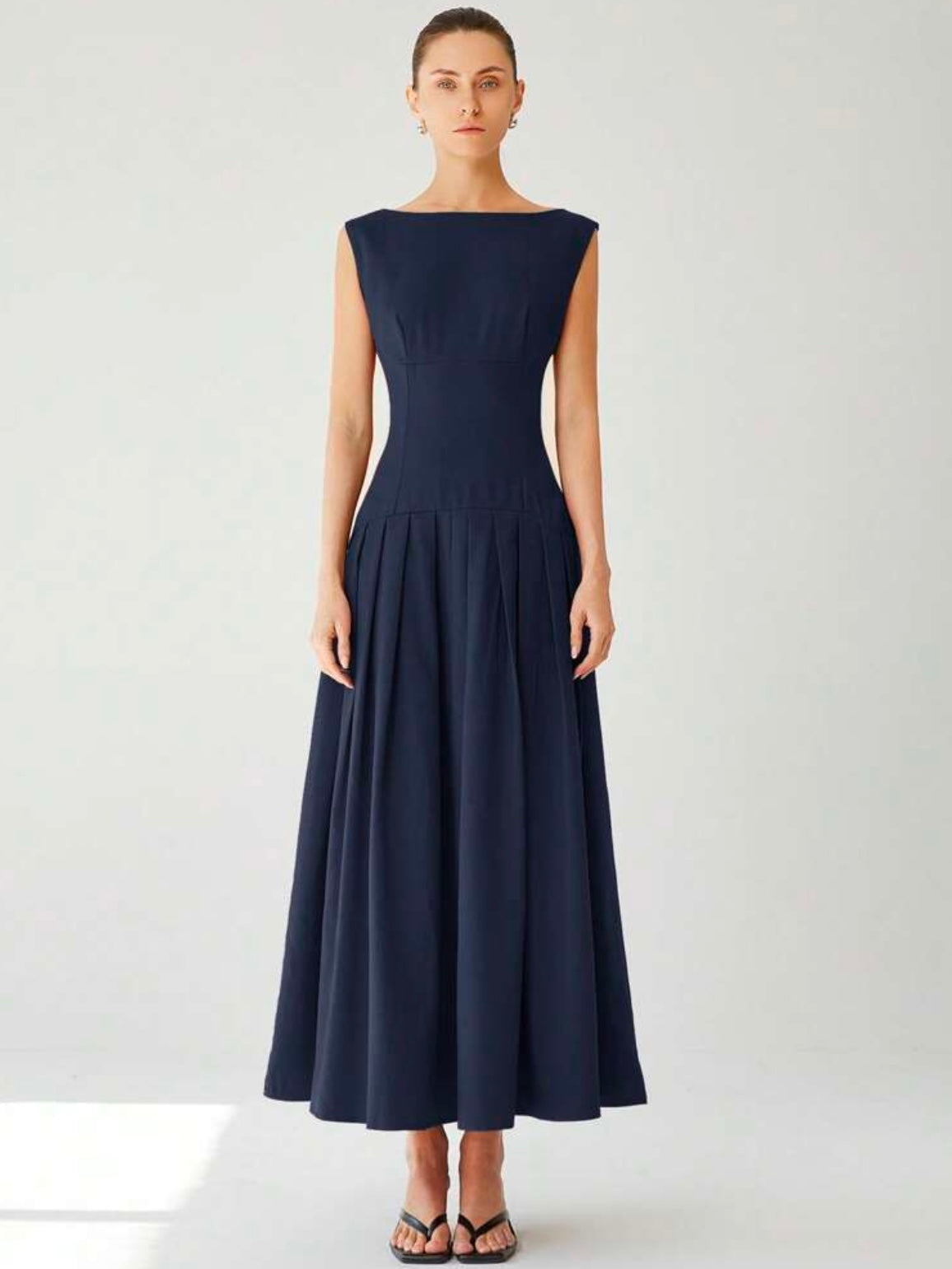 CM-DS247303 Women Elegant Seoul Style Boat Neck Sleeveless Ruched Low-Waist Ruffled Hem Maxi Dress - Navy Blue