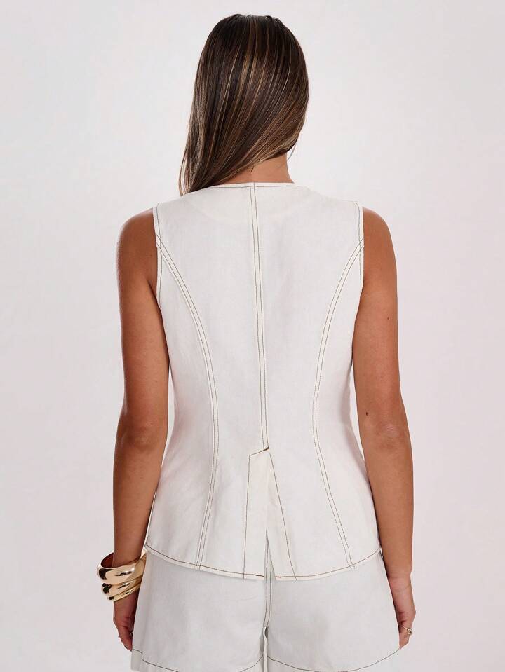 CM-TS034920 Women Casual Seoul Style Round Neck Single-Breasted Sleeveless Denim Top - White