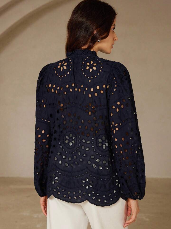 CM-TS724164 Women Trendy Bohemian Style Embroidered Hollow-Out Pleated Front Long Sleeve Blouse - Navy Blue