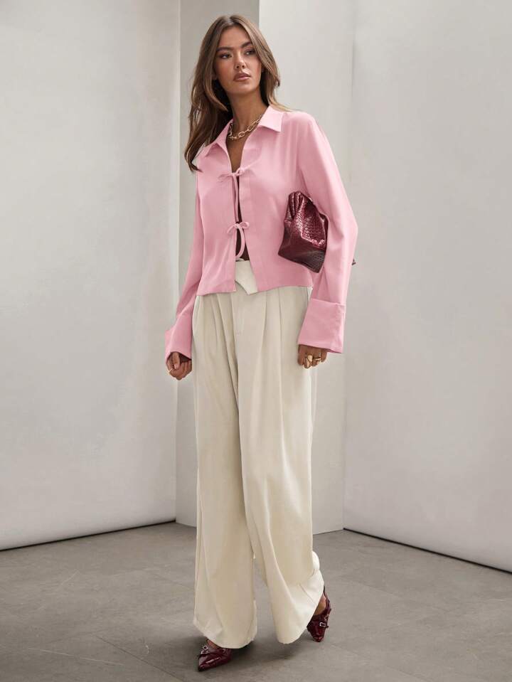 CM-TS885573 Women Trendy Bohemian Style Shirt Collar Front Tie Long Sleeve Shirt - Pink