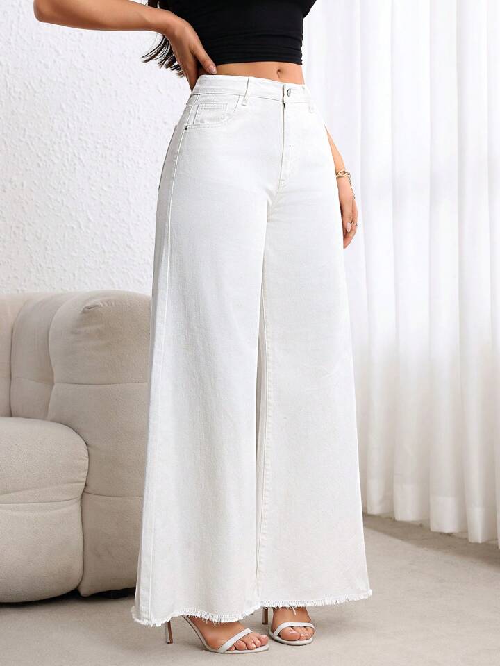 CM-BS881191 Women Casual Seoul Style Loose Pocketed Extra Long Wide Leg Denim Jeans - White