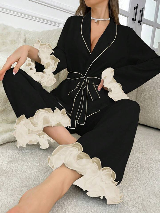 CM-LS890774 Women Trendy Seoul Style Color Block 3D Floral Decoration Long Sleeve Pajama Set - Black