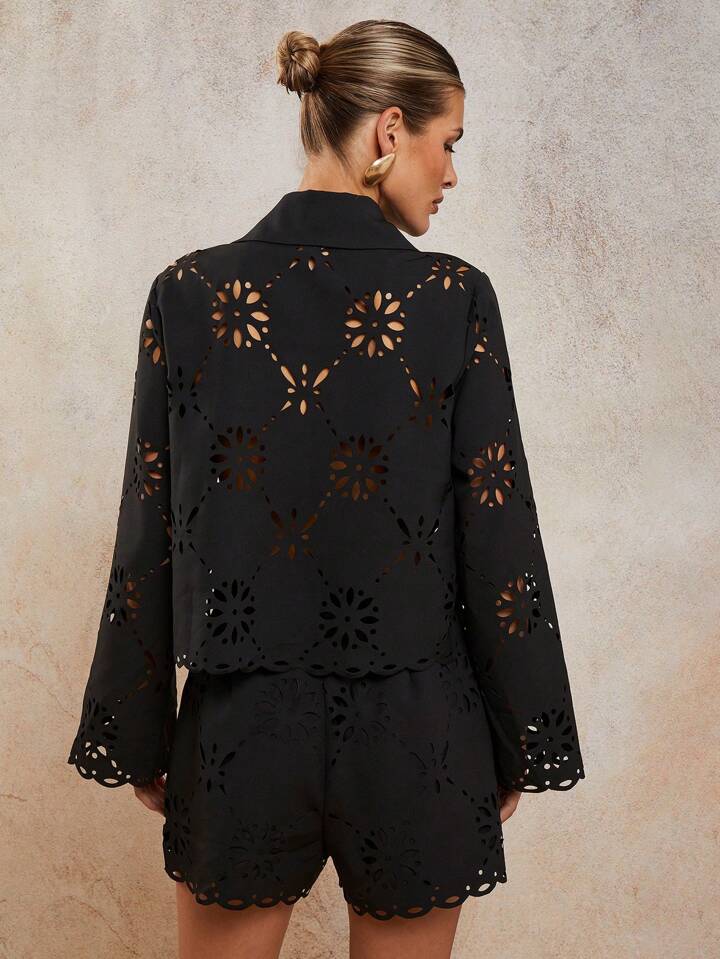 CM-SS040471 Women Elegant Seoul Style Laser Cut Long Sleeve Single-Breasted Blouse With Loose Shorts - Set