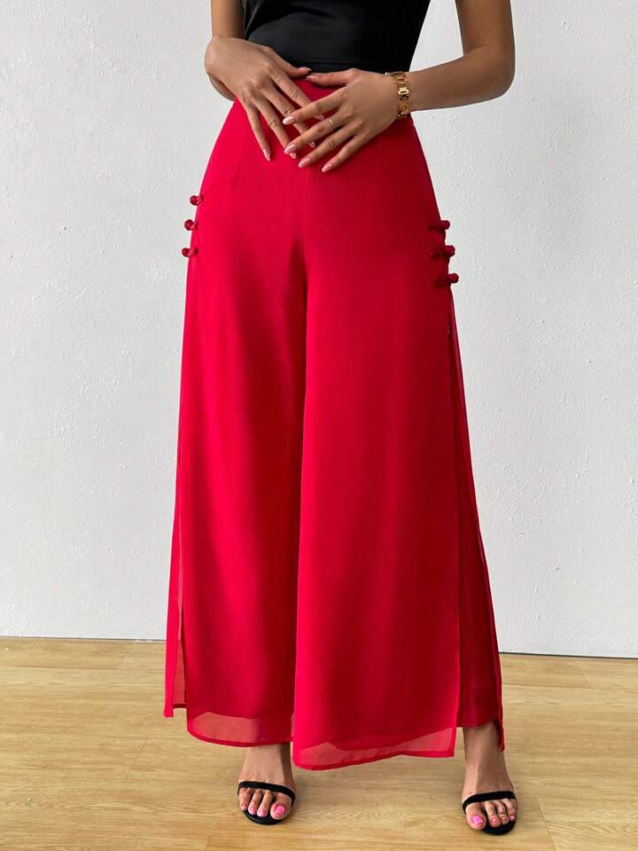 CM-BS947715 Women Casual Seoul Style Elastic Waist Flowy Chiffon Split Wide Leg Pants - Red