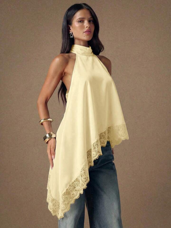 CM-TS451934 Women Elegant Seoul Style Lace Satin Patchwork Sleeveless Trim Backless Camisole Top - Yellow