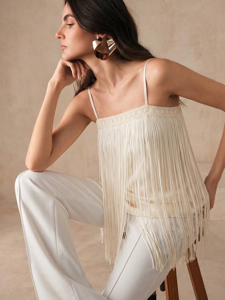 CM-TS027944 Women Elegant Seoul Style Tassel Contrast Lace Off-Shoulder Sleeveless Trim Tank Top - Apricot