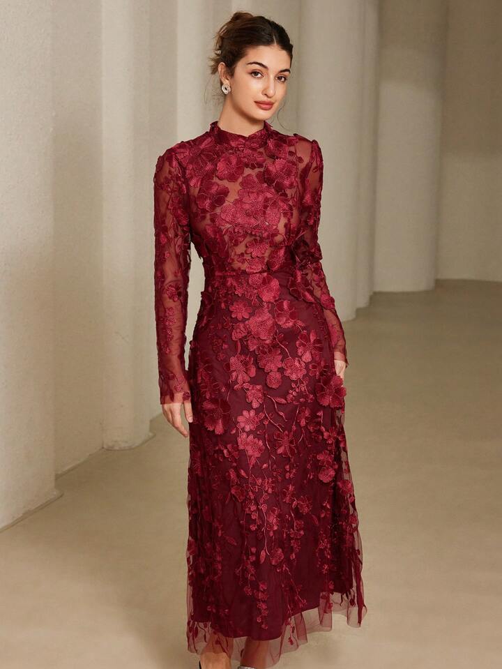 CM-DS735113 Women Elegant Seoul Style Stand Collar Cinched Waist 3D Floral Embroidery Dress - Red Violet