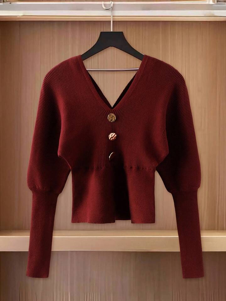 CM-CS333875 Women Elegant Seoul Style Metal Button Decor V-Neck Batwing Sleeve Sweater - Burgundy
