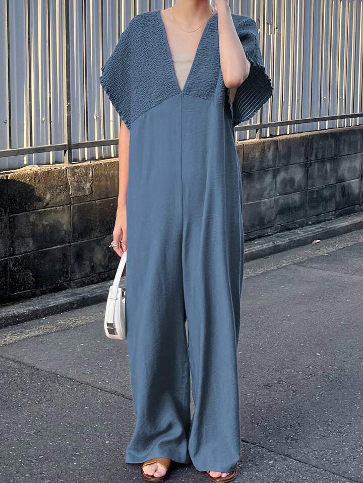 CM-JS656536 Women Trendy Bohemian Style V-Neck With Drawstring Jumpsuit Trousers - Blue