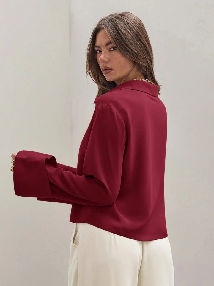 CM-TS803598 Women Trendy Bohemian Style Shirt Collar Front Tie Long Sleeve Shirt - Burgundy