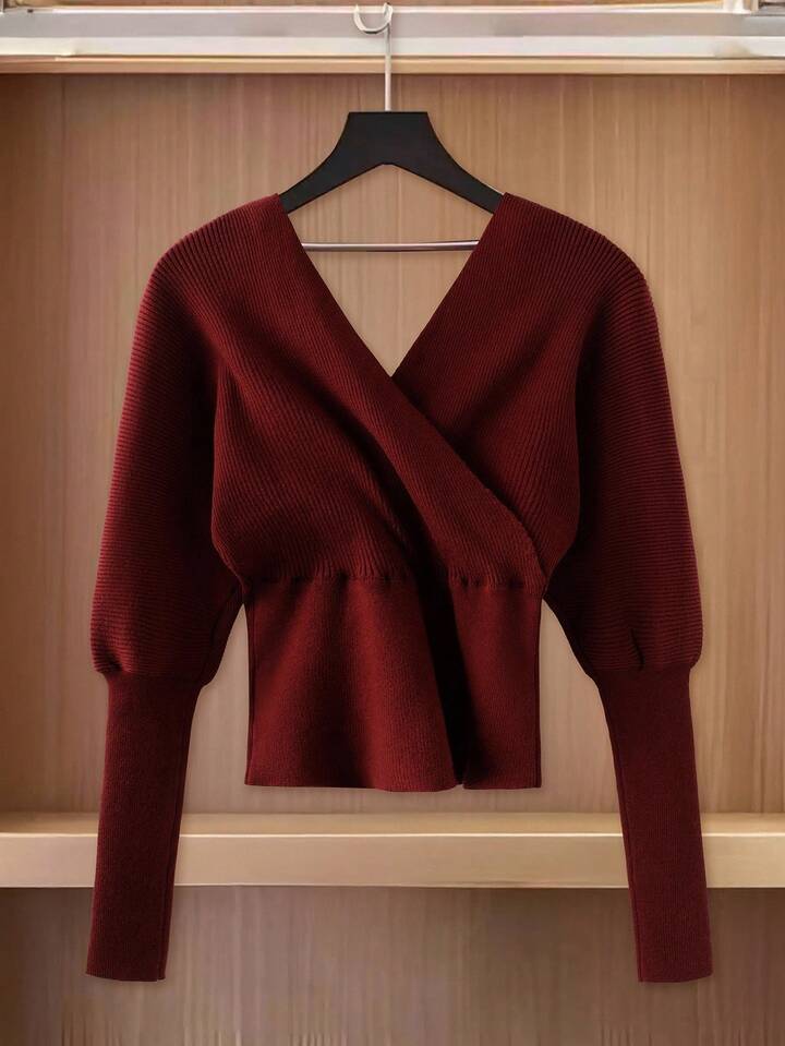 CM-CS333875 Women Elegant Seoul Style Metal Button Decor V-Neck Batwing Sleeve Sweater - Burgundy
