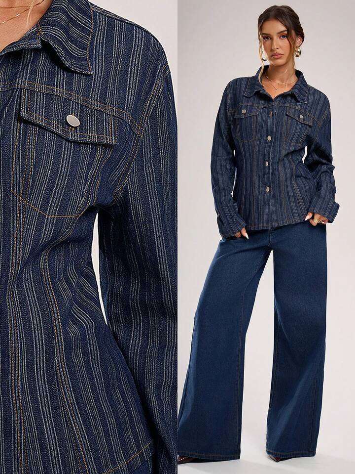 CM-CS338152 Women Casual Seoul Style Dark Wash Striped Collar Neckline Long Sleeve Denim Jacket