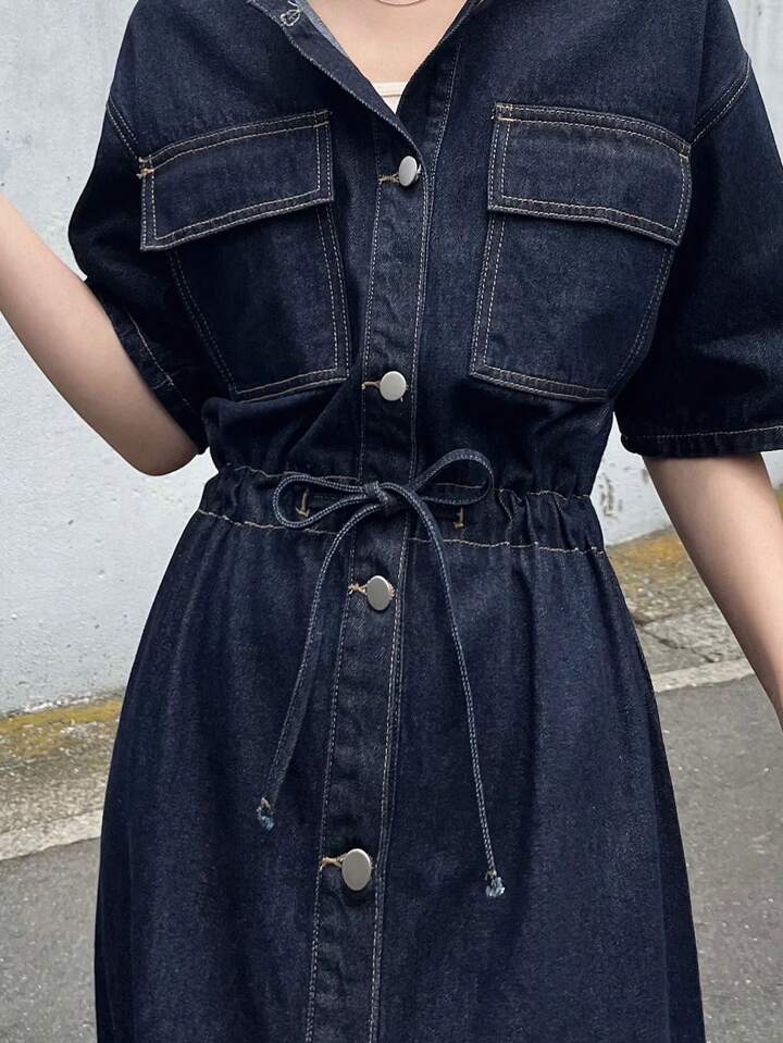 CM-DS667863 Women Casual Seoul Style Dark Wash Round Neck Short Sleeve Cinched Waist Pockets Decor Seam Denim Dress