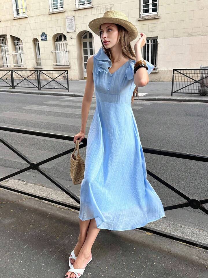 CM-DS339166 Women Casual Seoul Style V-Neck Ruffle Sleeve Pleated High Waist A-Line Dress - Blue