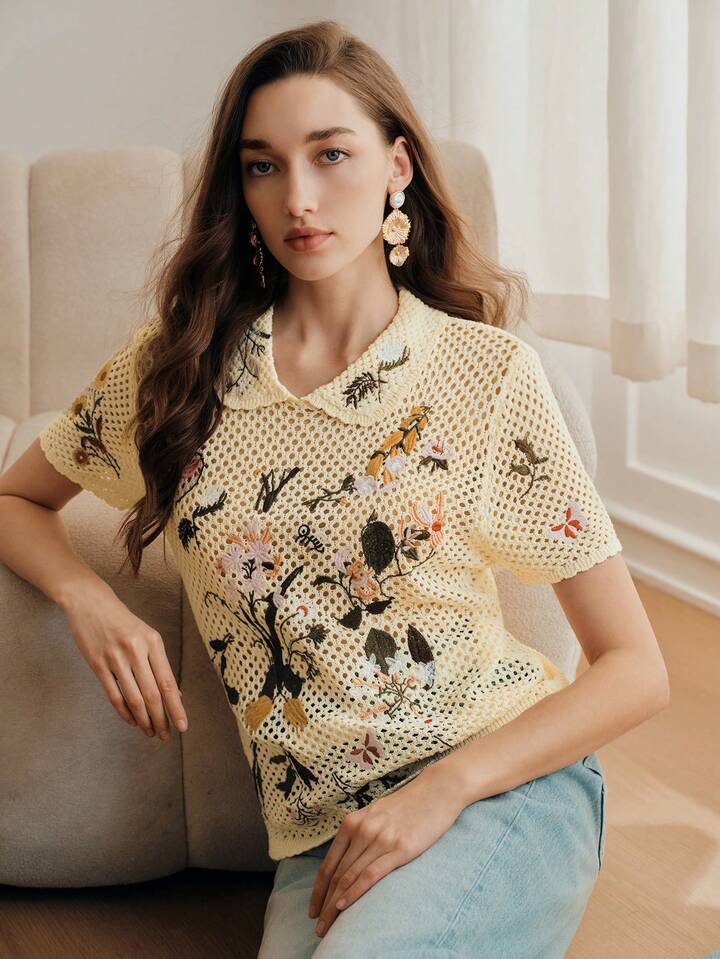 CM-TS343410 Women Casual Seoul Style Embroidered Hollow Out Collar Neckline Short Sleeve Knit Top