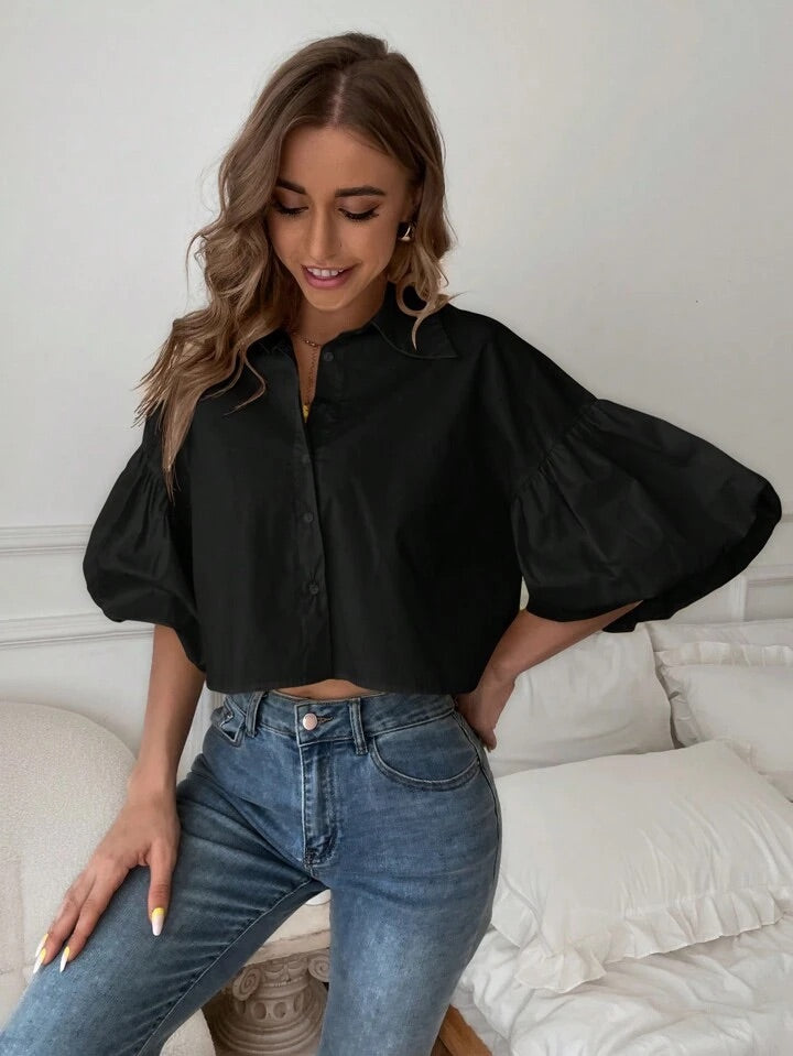CM-TS805588 Women Casual Seoul Style Drop Bishop Sleeve Single Breasted Blouse - Black