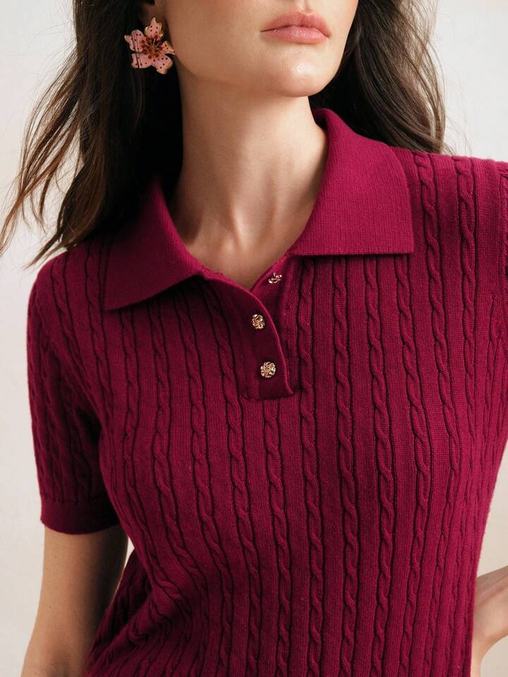 CM-TS647963 Women Casual Seoul Style Polo Collar Short Sleeve Cable Knit Solid Color Top - Burgundy