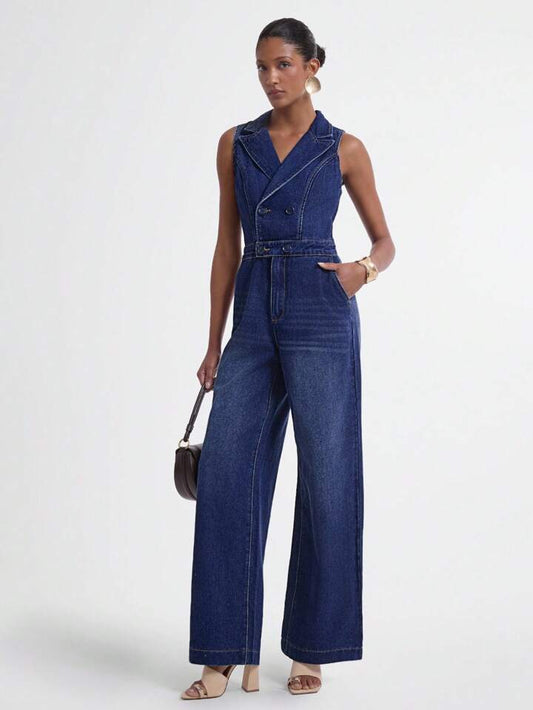 CM-JS708270 Women Casual Seoul Style Medium Wash Lapel Neckline Sleeveless Extra Long Denim Wide Leg Jumpsuit