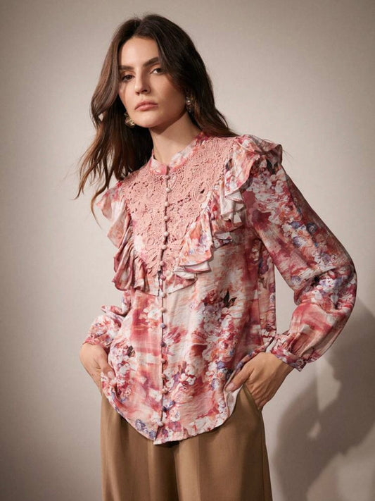 CM-TS495262 Women Elegant Seoul Style Floral Print Lace Ruffled Trim Blouse - Burgundy