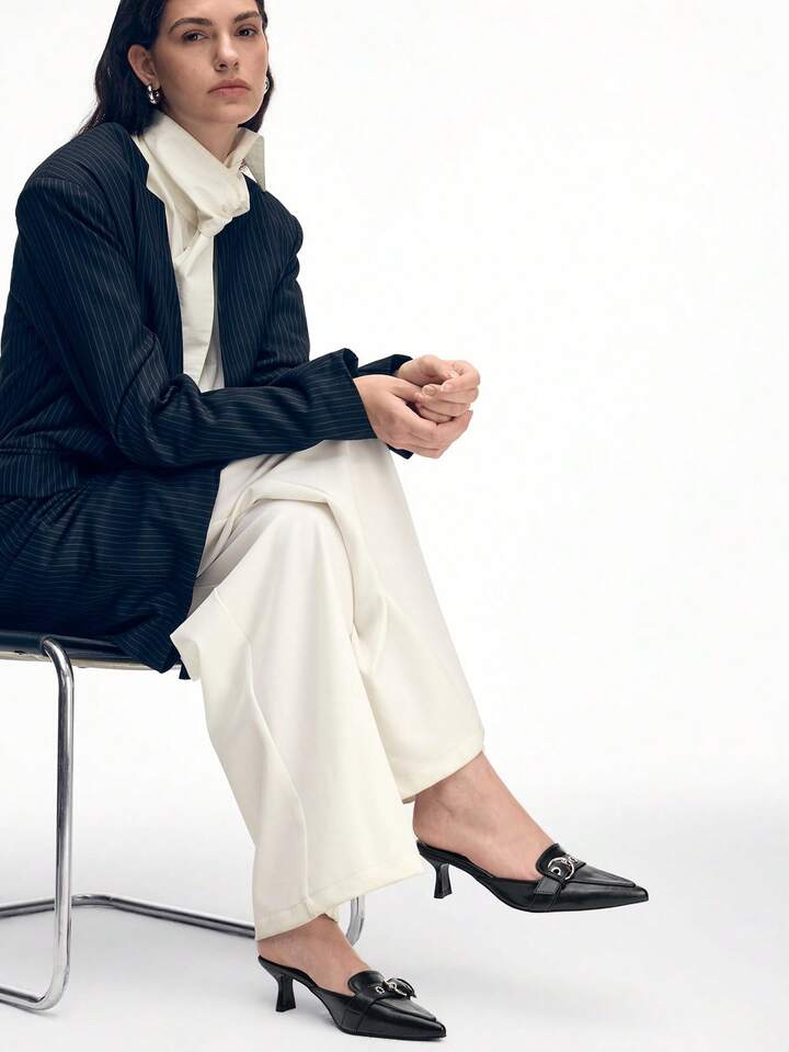 CM-SHS472346 Women Trendy Seoul Style Pointed Toe Buckle Design High Heel Mules - Black