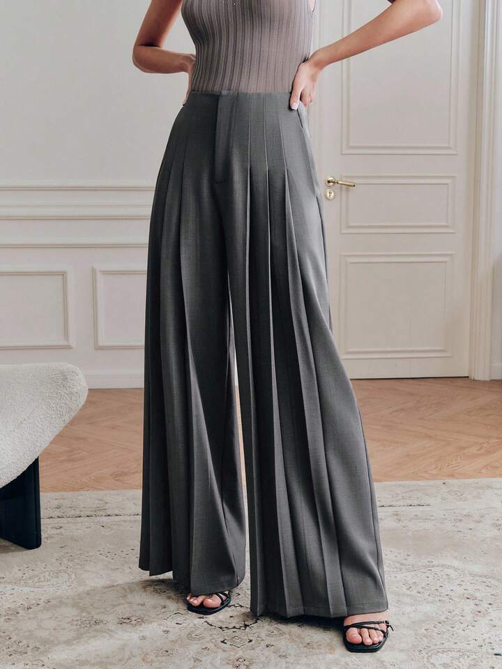 CM-BS133837 Women Elegant Seoul Style High Waist Loose Draping Wide Leg Pants - Gray