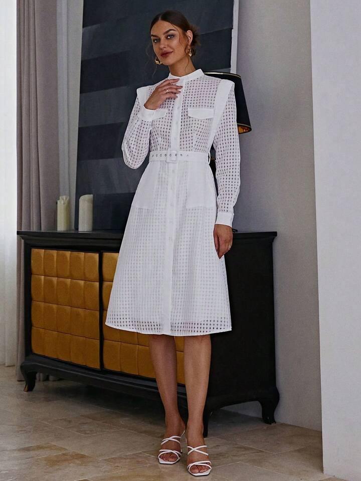 CM-DS131190 Women Elegant Seoul Style Stand Colar Long Sleeve Midi Dress - White