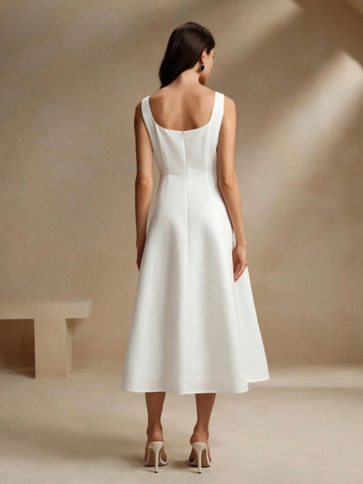 CM-DS341609 Women Elegant Seoul Style Square Neck Strap A-Line Cinched Waist Flattering Dress - White