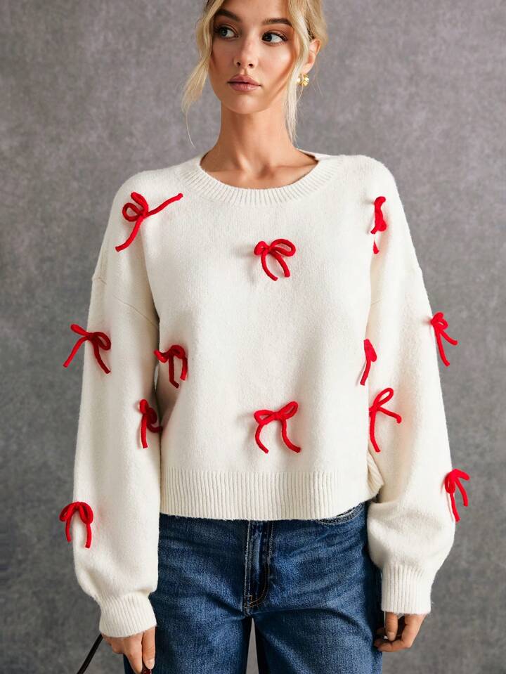CM-CS571757 Women Casual Seoul Style Round Neck Drop Shoulder Bow Decor Sweater - Apricot
