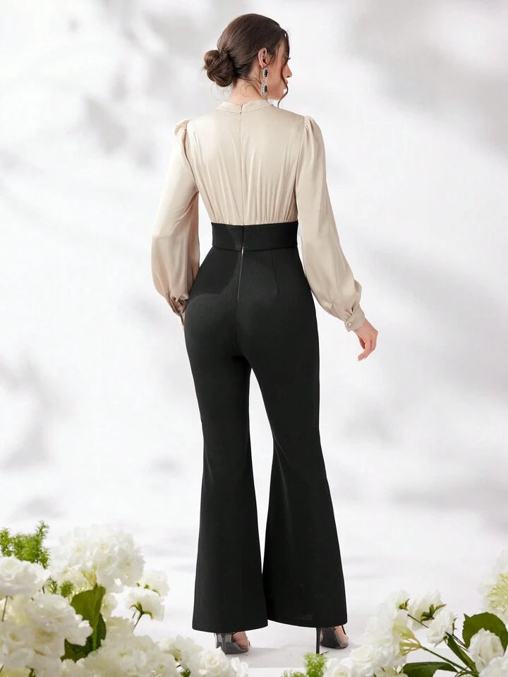 CM-JS636093 Women Elegant Seoul Style Patchwork V-Neck Long Sleeve High Slit Bell-Bottom Jumpsuit