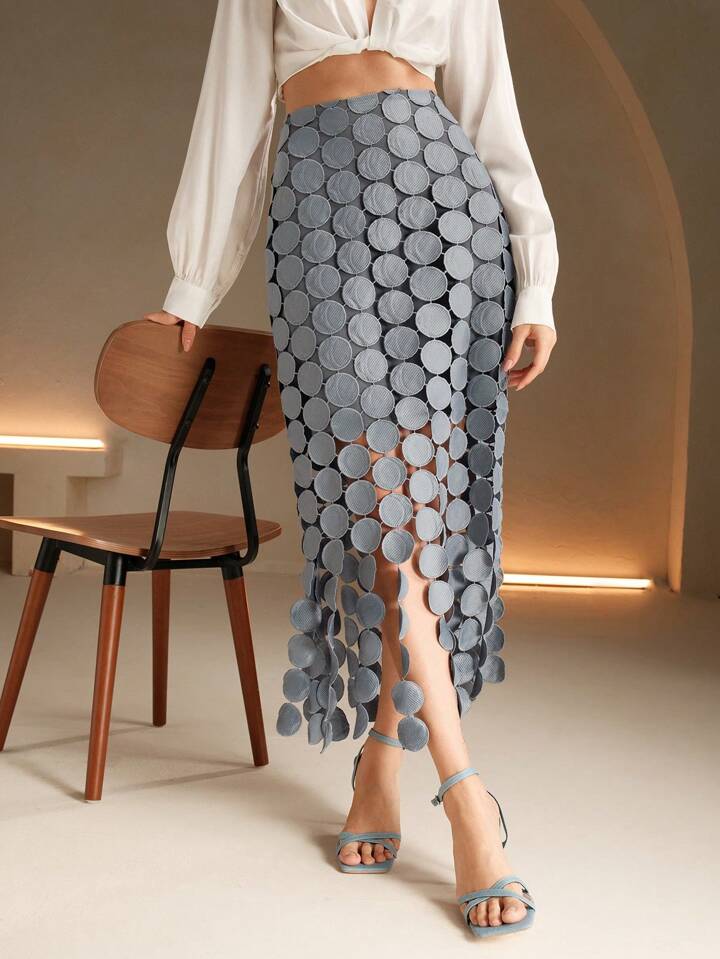 CM-BS544450 Women Trendy Bohemian Style Laser Cut Multi Circle Double Layered Maxi Skirt - Light Gray