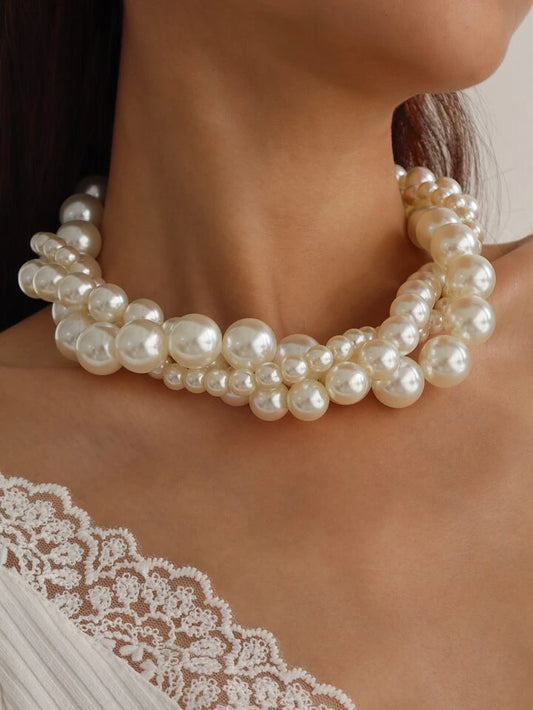 CM-AXS685922 Women Trendy Seoul Style Faux Pearl Beaded Layered Necklace