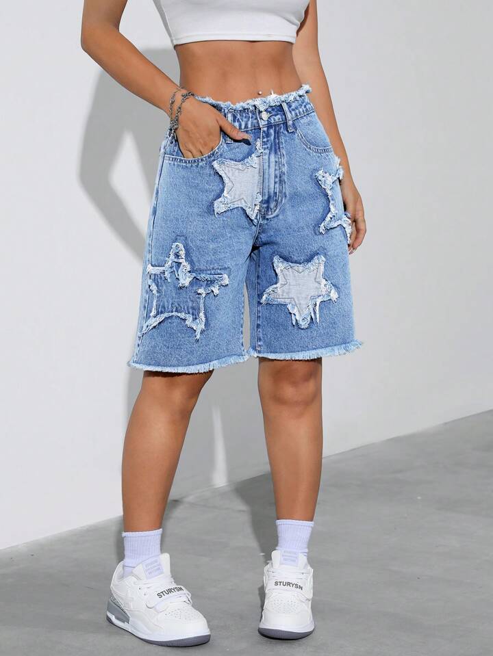 CM-BS279476 Women Casual Seoul Style Medium Wash Star Patchwork And Pocket Denim Shorts