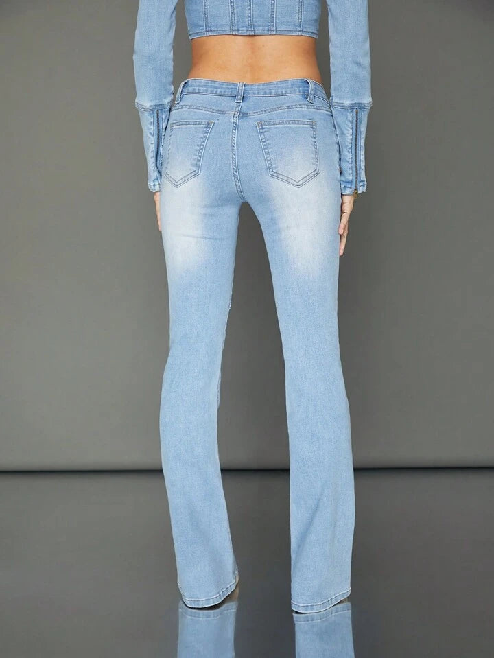 CM-BS548654 Women Casual Seoul Style Drop Waist Skinny Bootcut Denim Jeans - Blue