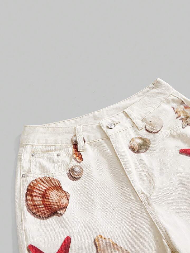 CM-BS225395 Women Casual Seoul Style Ocean Shell Starfish Conch Pearl Print Low Waist Loose Denim Jeans