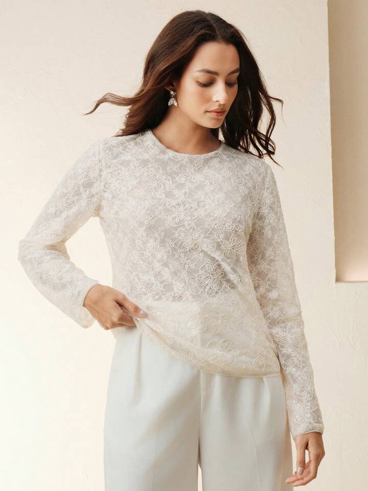 CM-TS530144 Women Elegant Seoul Style Hollow-Out Lace Sequin Decor Long Sleeve Blouse - Apricot