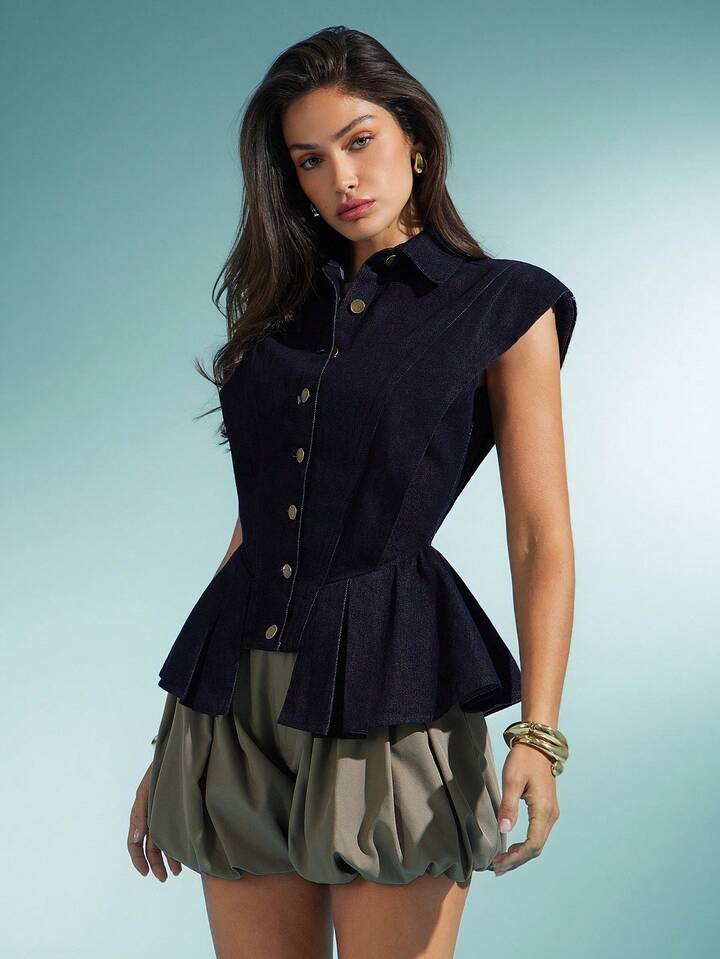 CM-TS161040 Women Elegant Seoul Style Dark Wash Collared Sleeveless Button Down Denim Top
