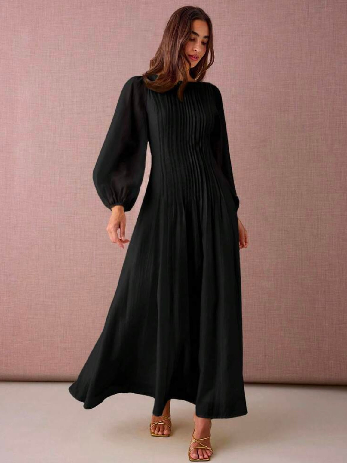 CM-DS935764 Women Elegant Seoul Style Round Neck Lantern Sleeve Pleated Design A-Line Maxi Dress - Black