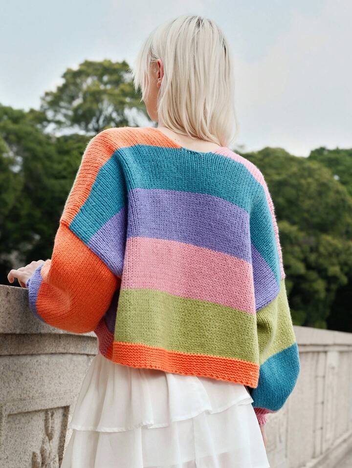CM-CS713799 Women Casual Seoul Style Contrast Color Chunky Knit Cardigan Sweater