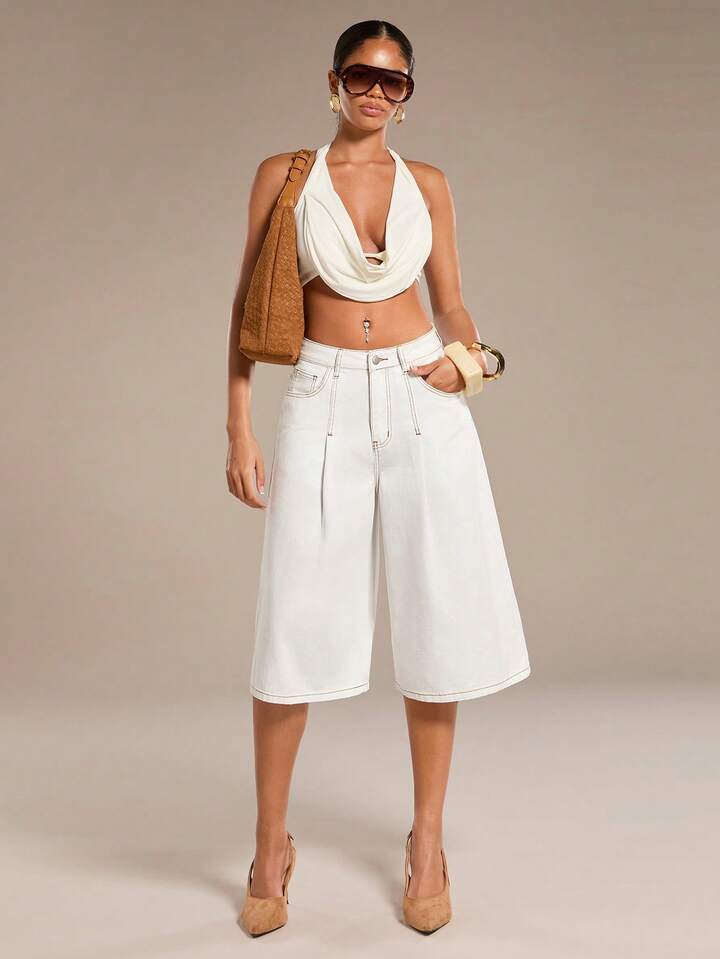 CM-BS133264 Women Casual Seoul Style Mid Waist Pockets Button Wide Leg Jeans - White