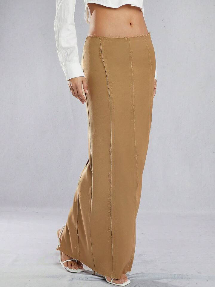 CM-BS865566 Women Casual Seoul Style Seam Detail Raw Edge Maxi Skirt - Beige