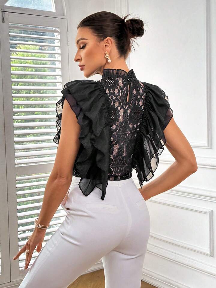 CM-TS736693 Women Elegant Seoul Style Lace Notched Neckline Ruffle Trim Shirt - Black