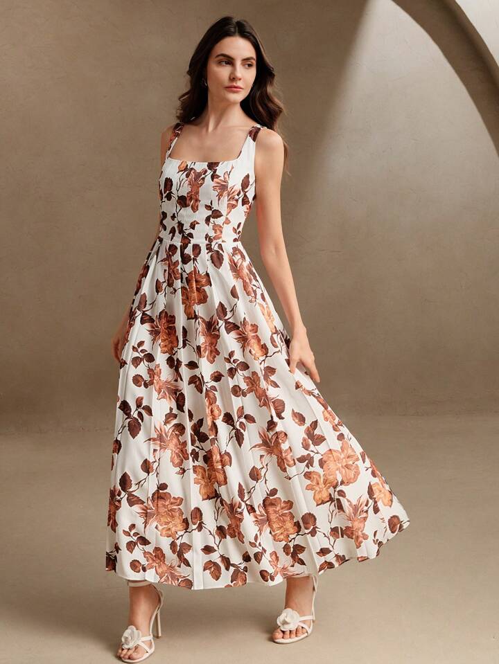 CM-DS918886 Women Elegant Seoul Style Floral Print Sleeveless High Waist Pleated Slip Dress - Khaki