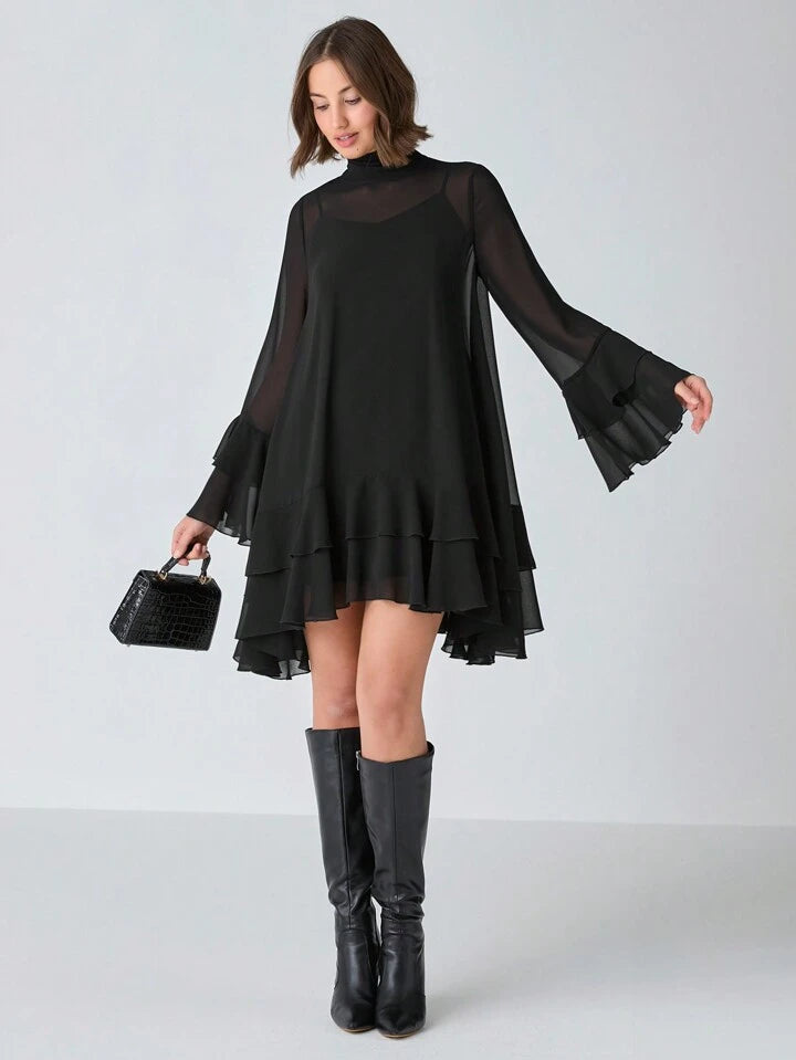CM-DS399818 Women Elegant Seoul Style Solid Stand Collar Long Sleeve High Waist A-Line Dress - Black